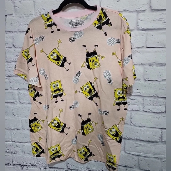 SpongeBob SquarePants Large Pink T-Shirt Allover Print Graphic - Picture 1 of 5